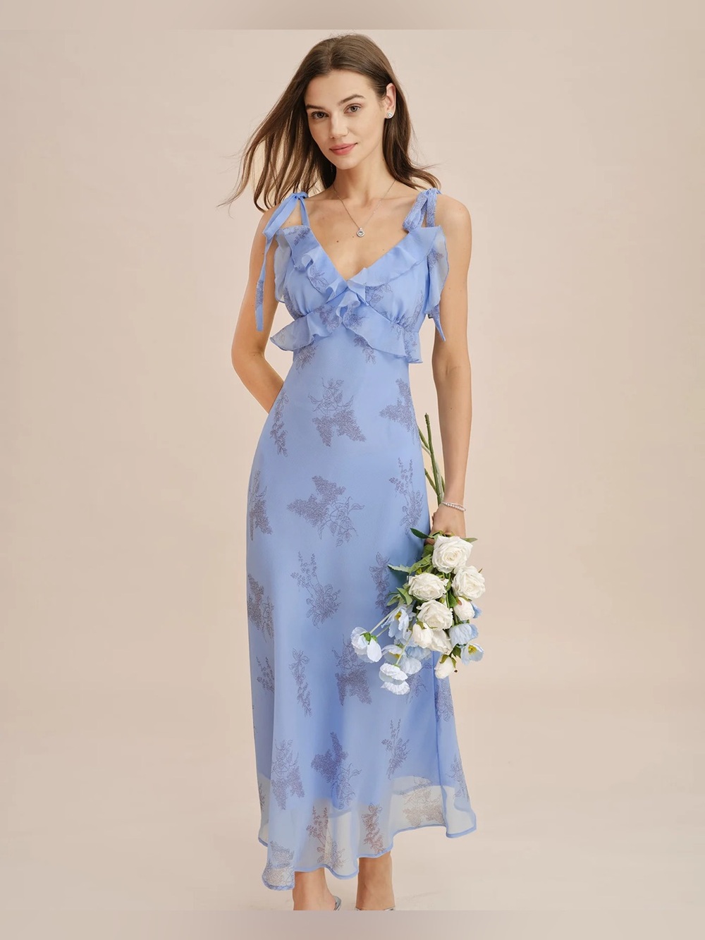 Blue Floral Ruffle Tie Strap Maxi Dress